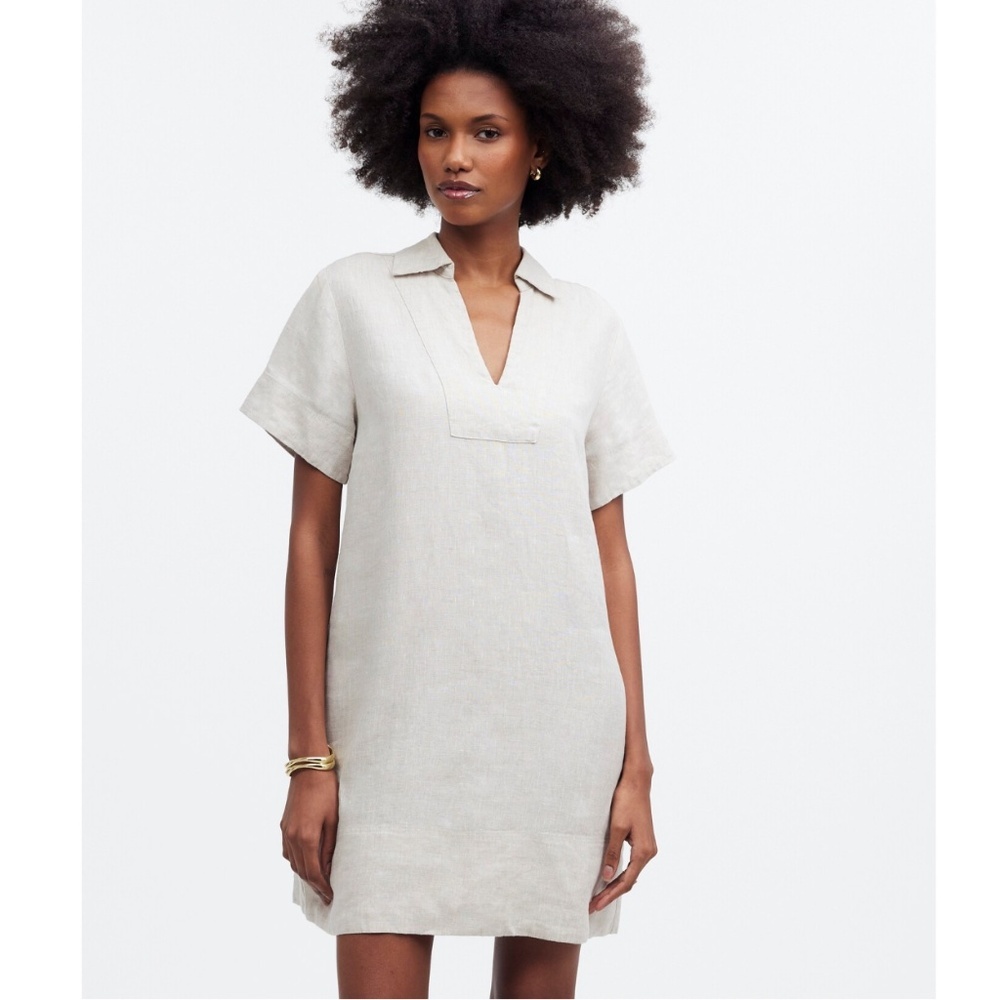 Madewell Women's Cream Tan V-Neck Mini Dress in 100% Linen Coastal Size Small